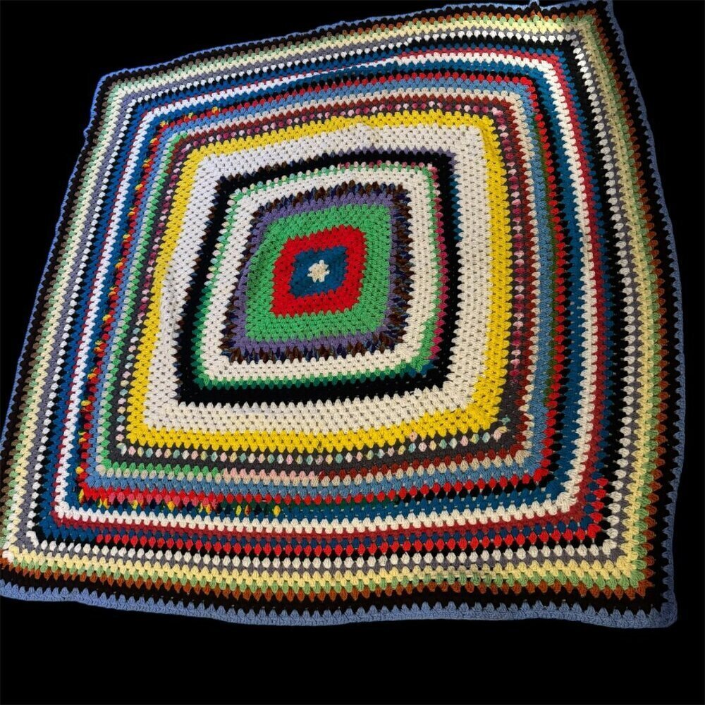 Handmade Multi-Colored Crochet Afghan Blanket 79"x79" Square Pattern
